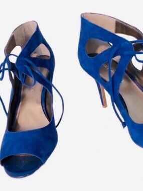 Audrey Brooke Bright Blue Suede Strappy Heels with front laces Size 10